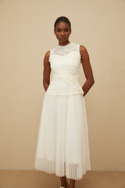 Léopoldine Floral Lace Tulle Panel Midi Dress