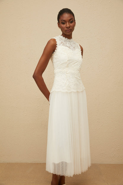 Léopoldine Floral Lace Tulle Panel Midi Dress