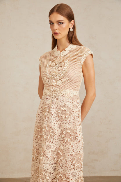 Capucine Braid Detail Corded Lace Midi Dress
