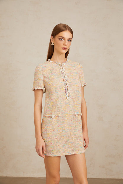 Palme Neutral Embellished Crochet Knit Mini Dress