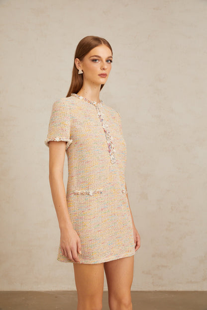 Palme Neutral Embellished Crochet Knit Mini Dress