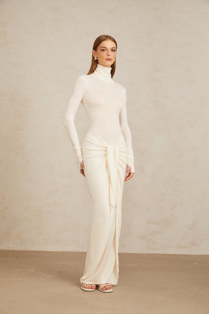 Impériale White Ruched Turtleneck Maxi Dress