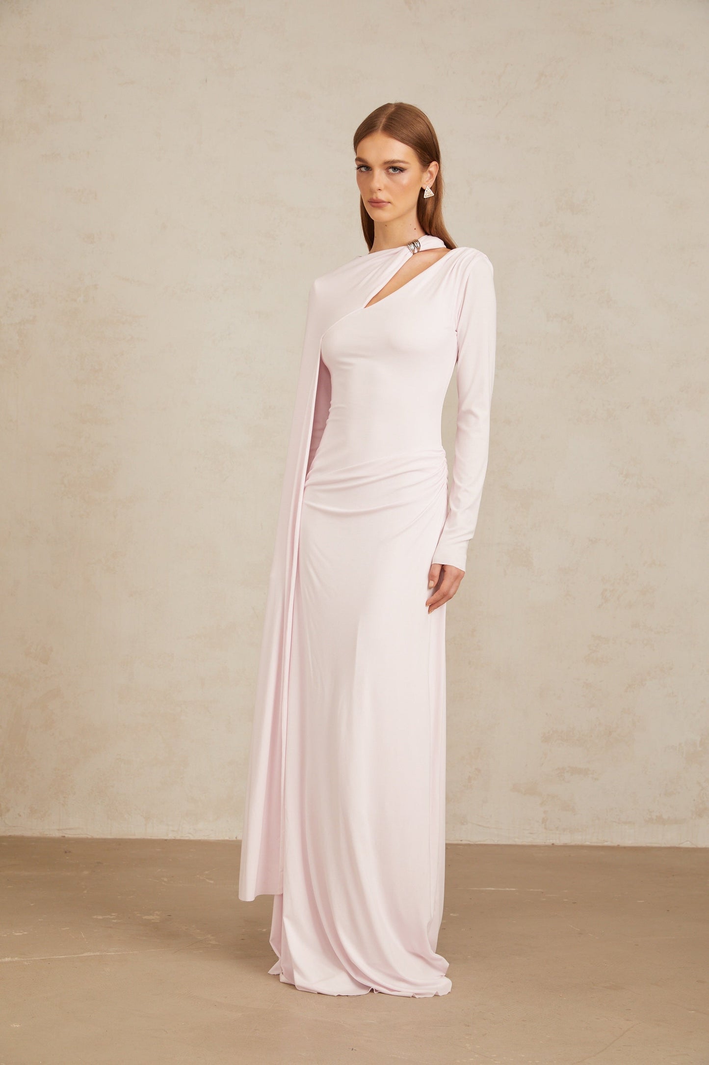 Josette Pink Diagonal Shawl Fitted Maxi Dress