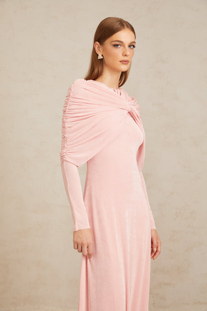 Moderne Pink Shawl Panel Ruched Maxi Dress