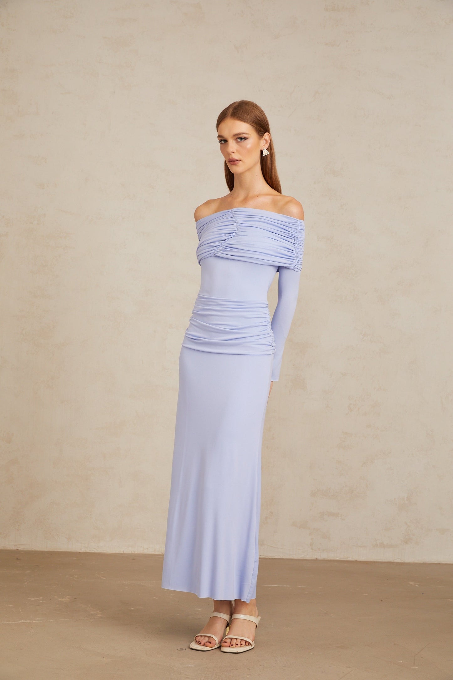 Katia Light Blue Off-Shoulder Ruched Maxi Dress
