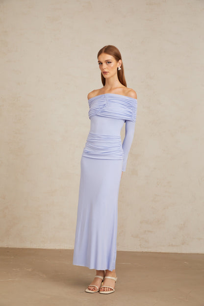 Katia Light Blue Off-Shoulder Ruched Maxi Dress