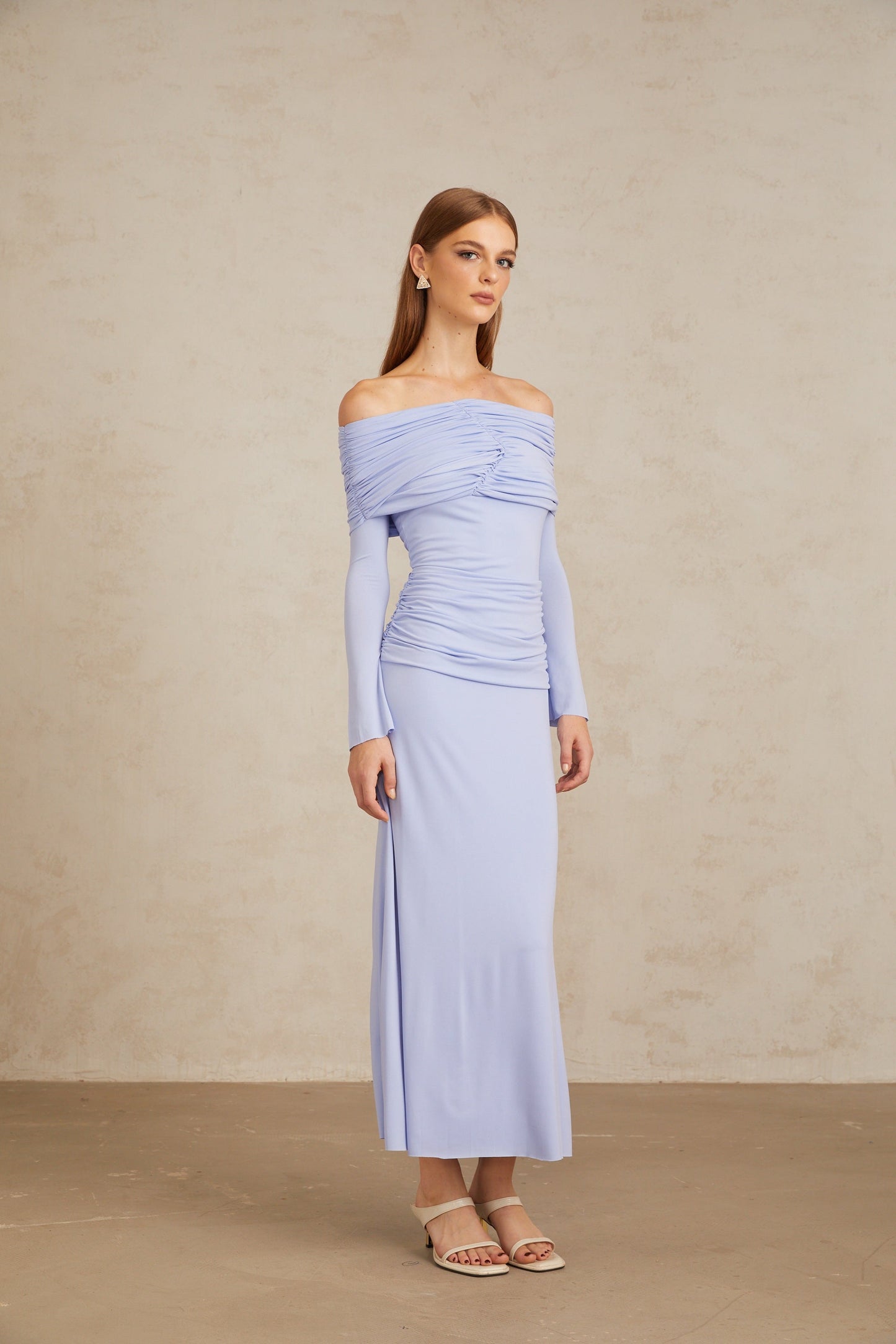Katia Light Blue Off-Shoulder Ruched Maxi Dress