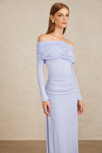 Katia Light Blue Off-Shoulder Ruched Maxi Dress