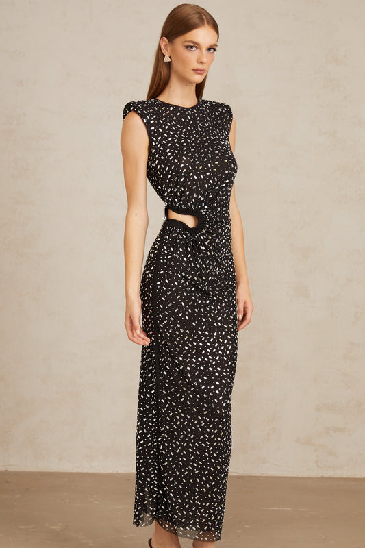 Félicie Black Embellished Mesh Maxi Gown