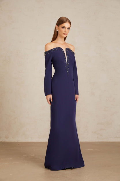 Joyanna Blue Off-Shoulder Embellished Gown