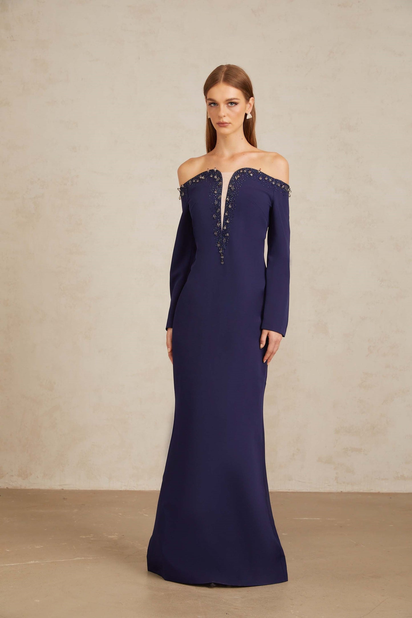 Joyanna Blue Off-Shoulder Embellished Gown