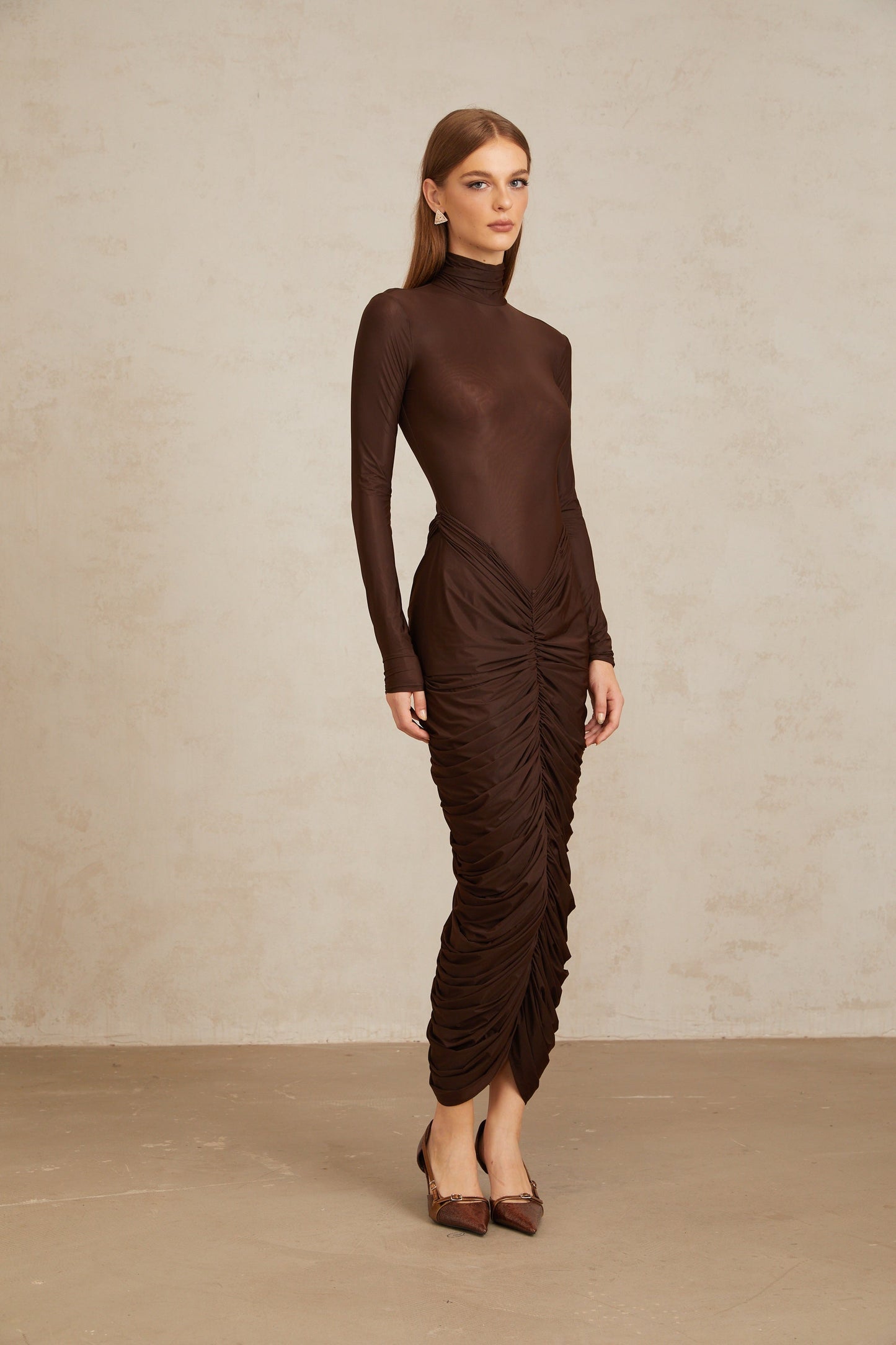 Charitina Brown Fitted Ruched Midi Dress