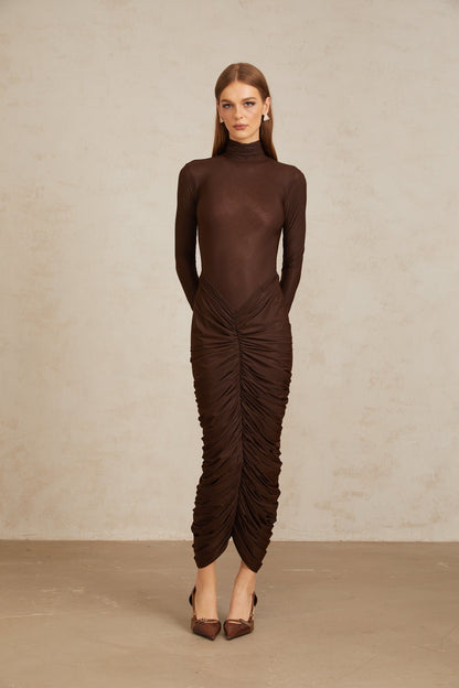 Charitina Brown Fitted Ruched Midi Dress