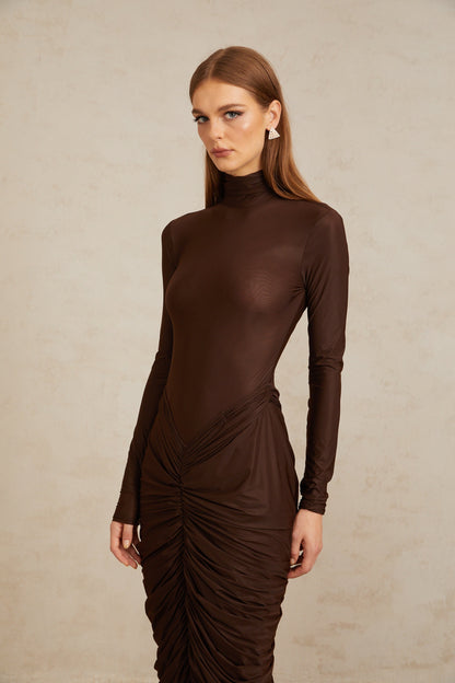 Charitina Brown Fitted Ruched Midi Dress