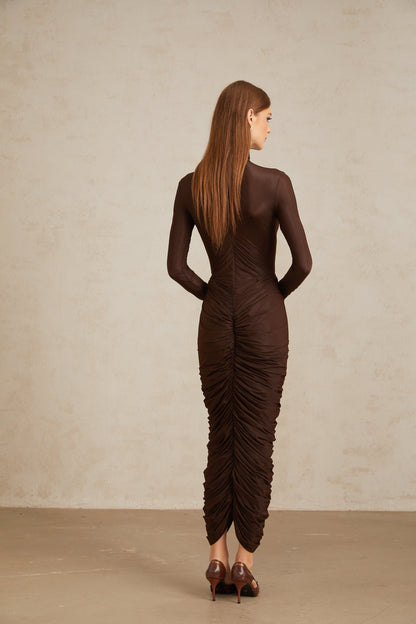 Charitina Brown Fitted Ruched Midi Dress