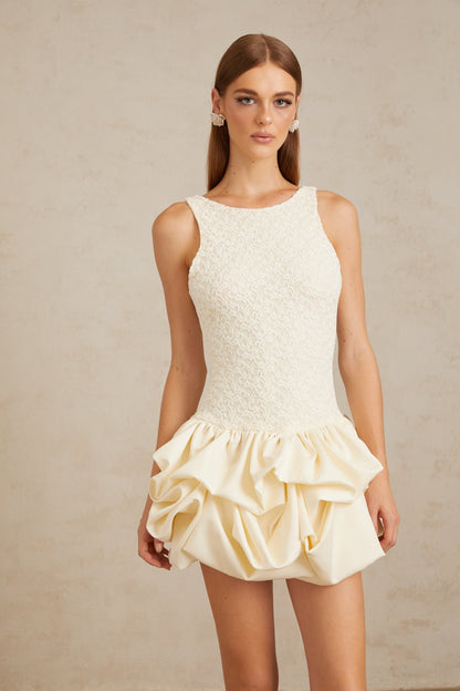 Enjouée Neutral Bubble Floral Lace Mini Dress