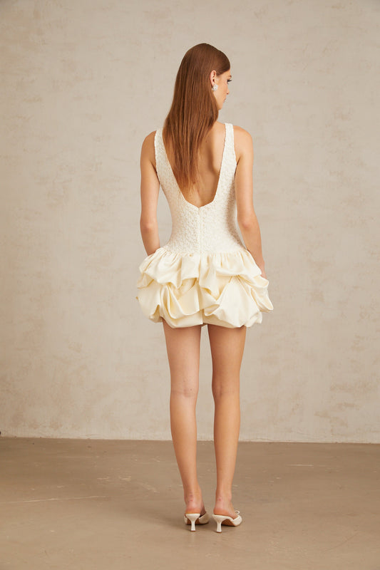Enjouée Neutral Bubble Floral Lace Mini Dress