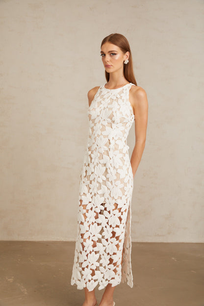 Wilhelmine White Cutout Embroidered Floral Midi Dress