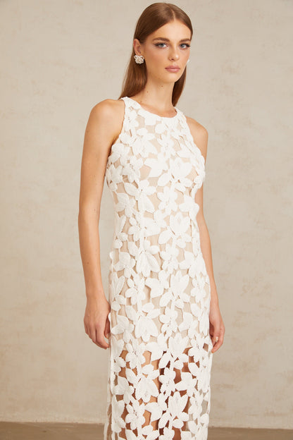 Wilhelmine White Cutout Embroidered Floral Midi Dress