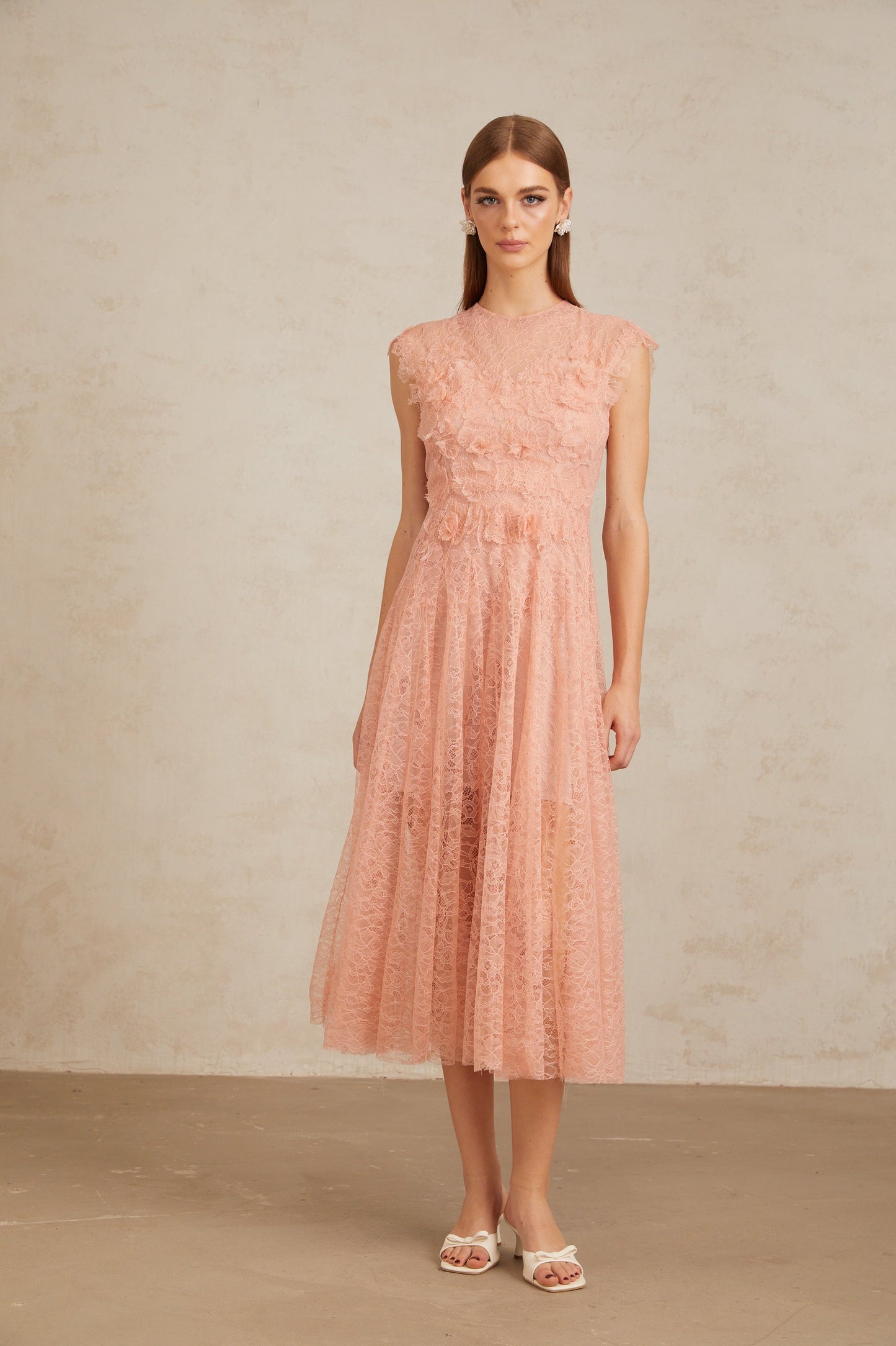 Aila Pink Shirred Guipure Lace Midi Dress