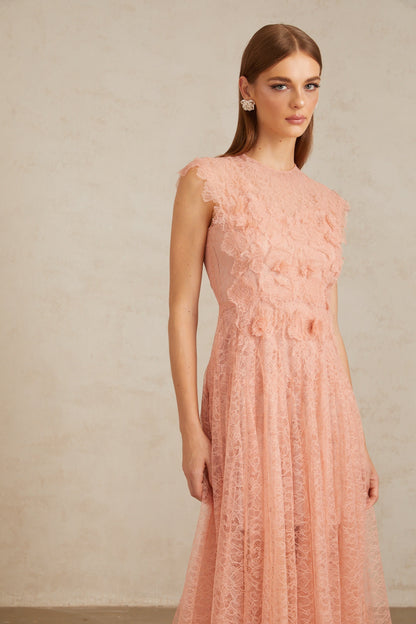 Aila Pink Shirred Guipure Lace Midi Dress