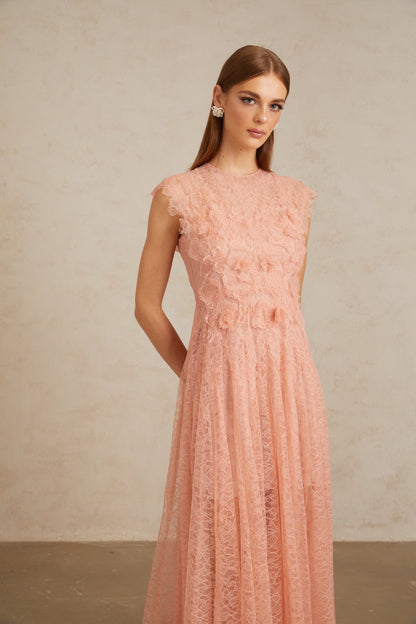 Aila Pink Shirred Guipure Lace Midi Dress