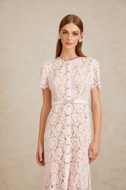 Sabine Pink Floral Lace Mermaid Midi Dress