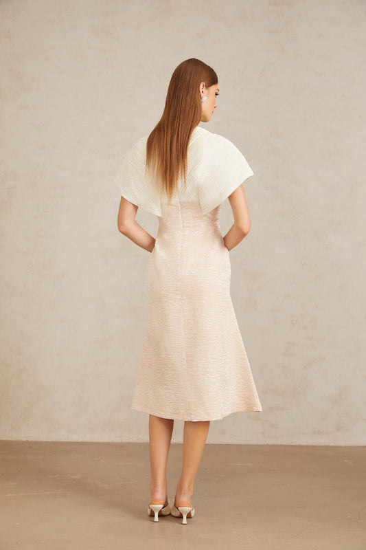 Clémence White Textured Midi Dress with 3D Petal