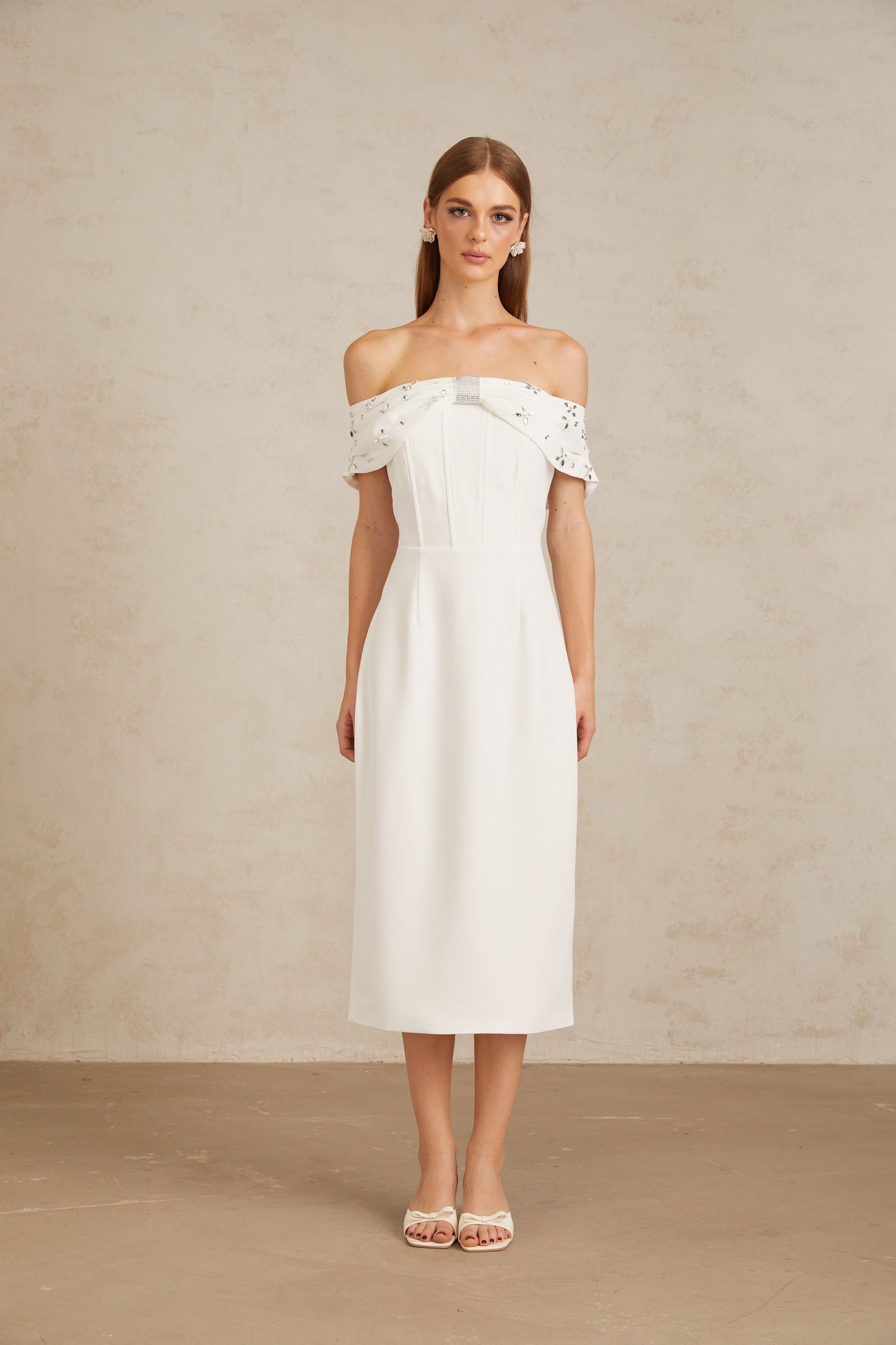 Elli White Off-Shoulder Embellished Midi Dress