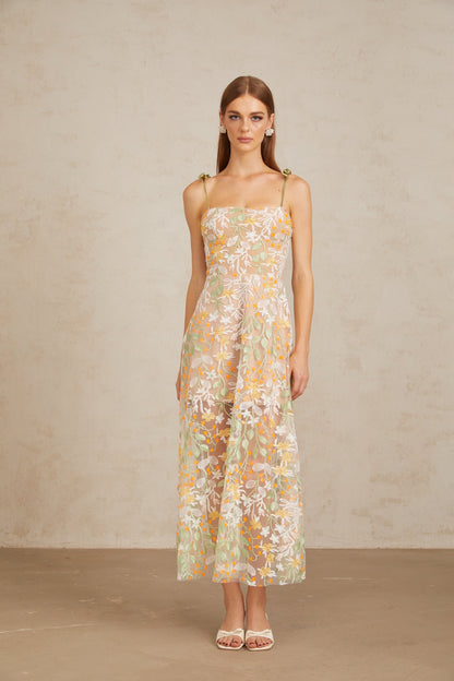 Bérénice Neutral Floral Embroidered Flare Maxi Dress