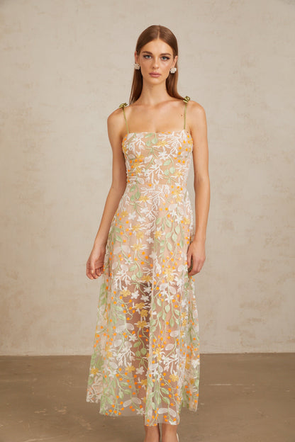 Bérénice Neutral Floral Embroidered Flare Maxi Dress