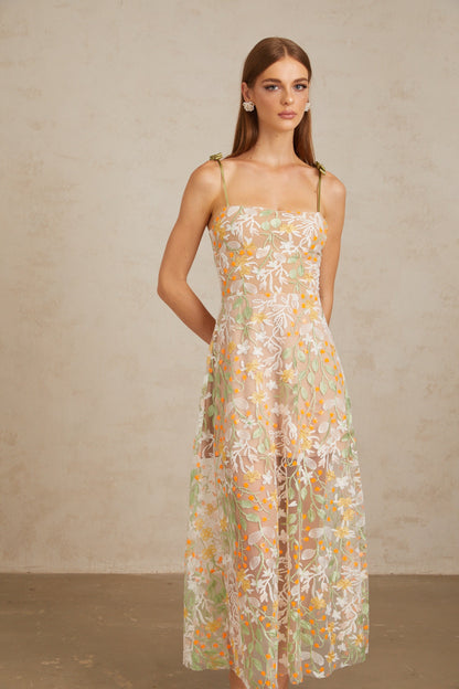 Bérénice Neutral Floral Embroidered Flare Maxi Dress