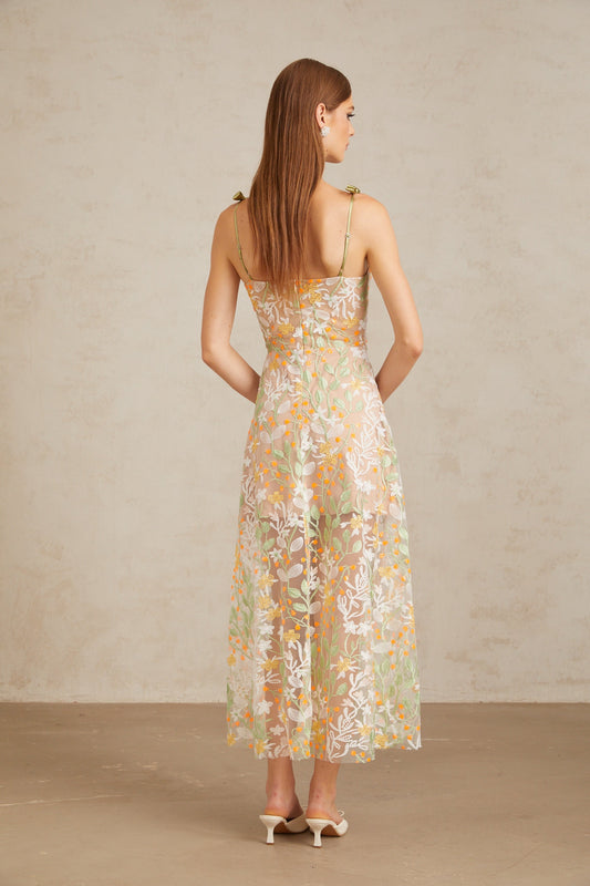 Bérénice Neutral Floral Embroidered Flare Maxi Dress