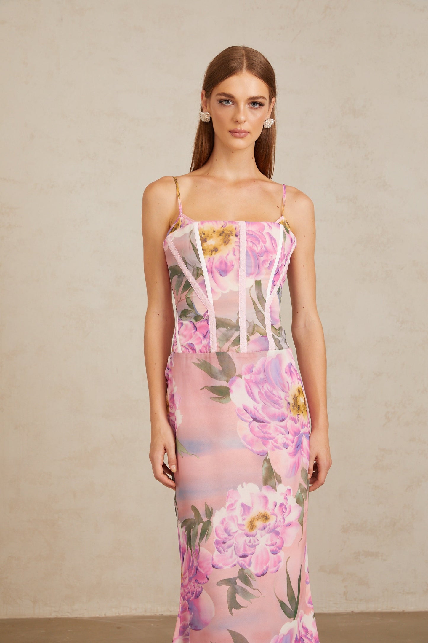 Irène Pink Chiffon Floral Print Maxi Dress