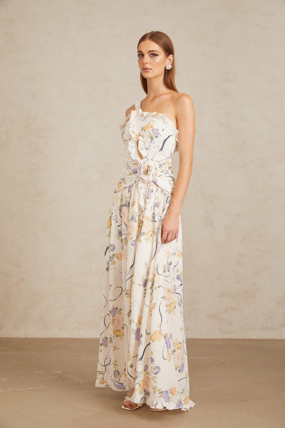 Noémie Neutral Floral Ruffled Trim Maxi Dress