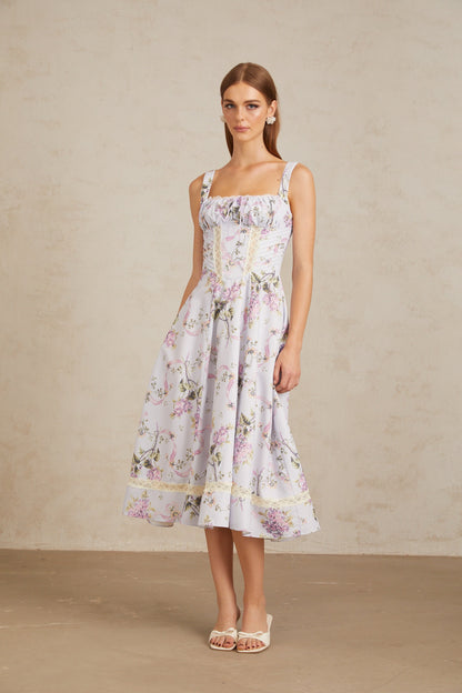 Apolline Lilac Lace Trim Floral Midi Dress