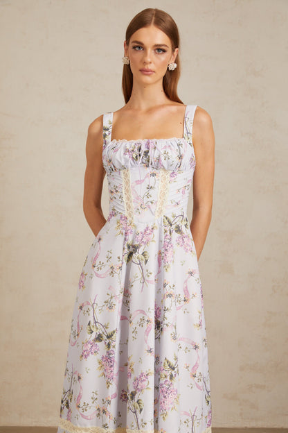 Apolline Lilac Lace Trim Floral Midi Dress