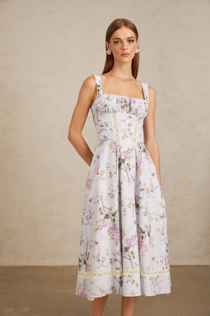 Apolline Lilac Lace Trim Floral Midi Dress
