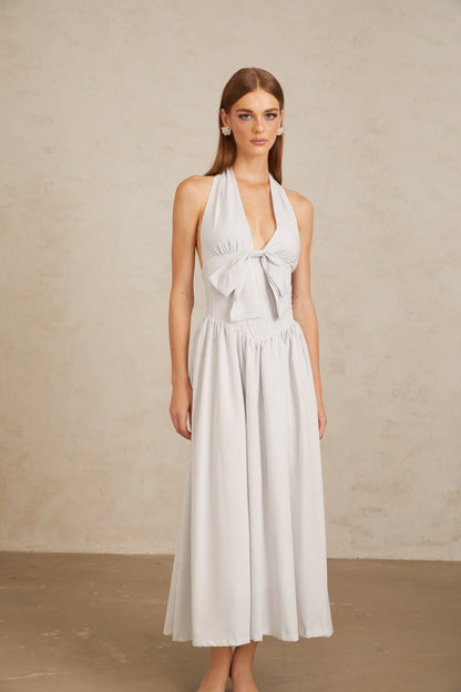 Inkeri White Stripe Pattern Halterneck Midi Dress