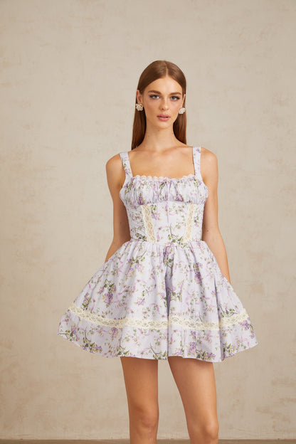 Apolline Lilac Lace Trim Floral Mini Dress