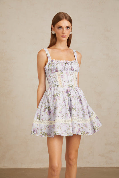 Apolline Lilac Lace Trim Floral Mini Dress
