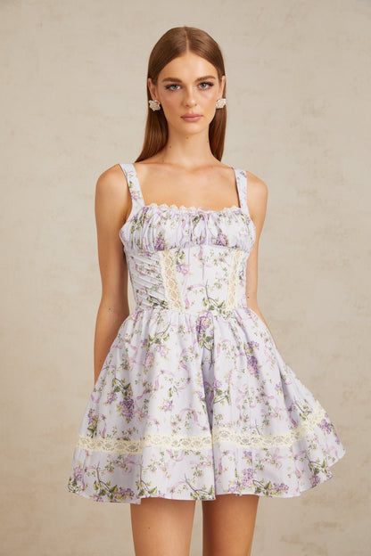 Apolline Lilac Lace Trim Floral Mini Dress