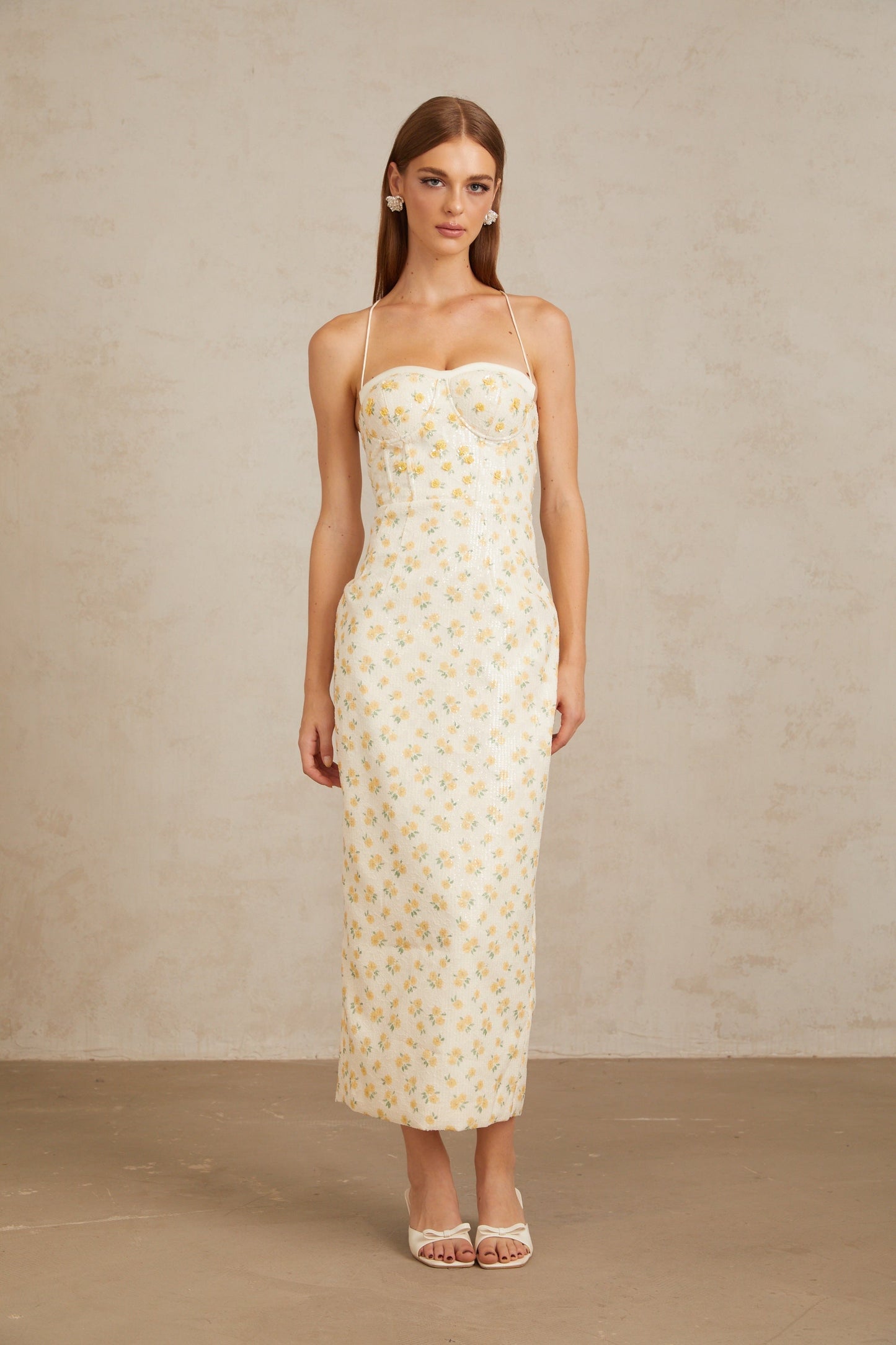 Quincia Yellow Sequined Floral Corset Maxi Gown