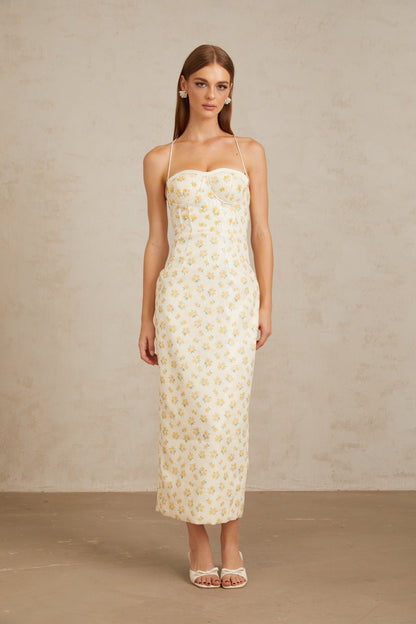 Quincia Yellow Sequined Floral Corset Maxi Gown