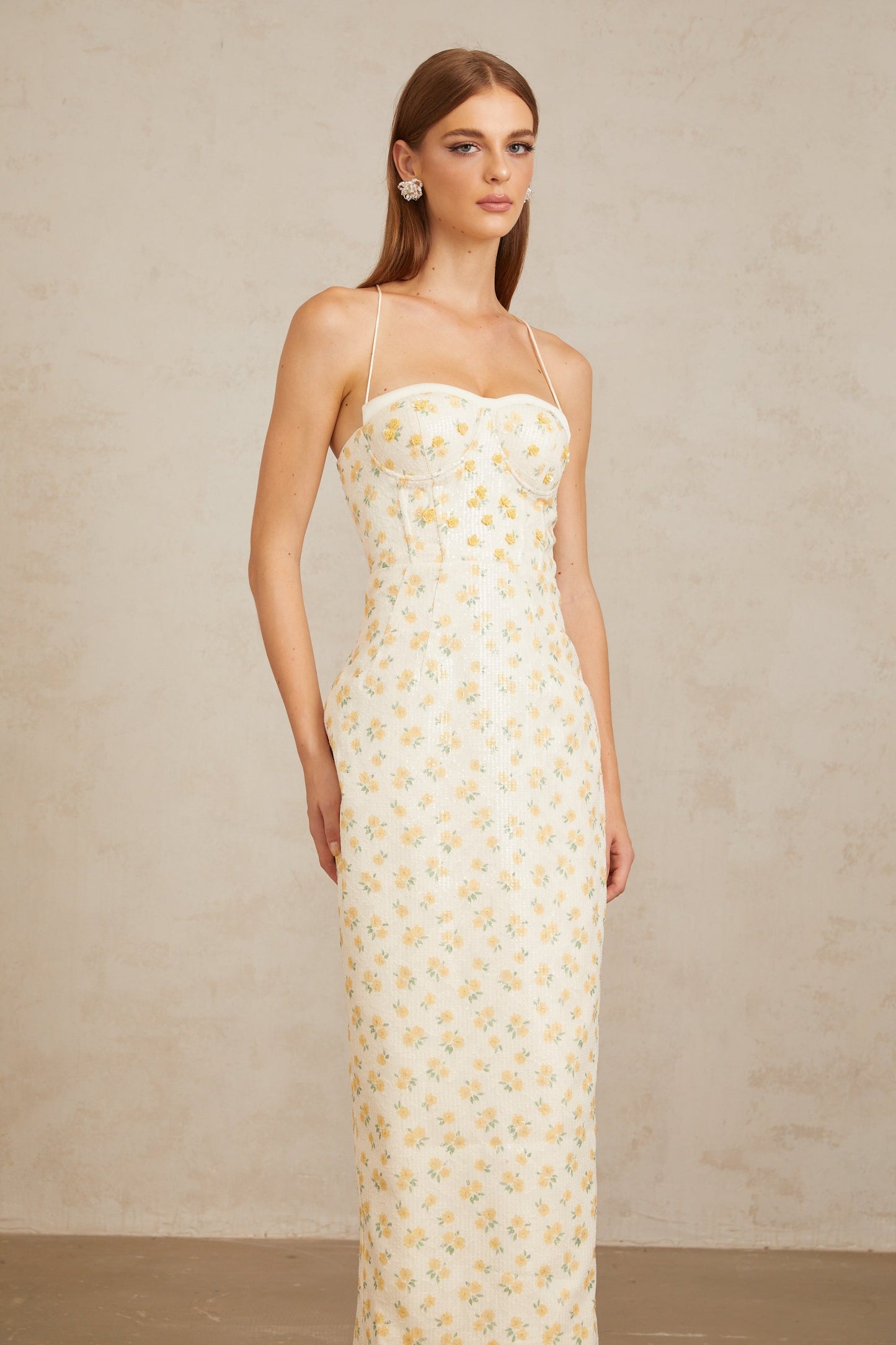Quincia Yellow Sequined Floral Corset Maxi Gown