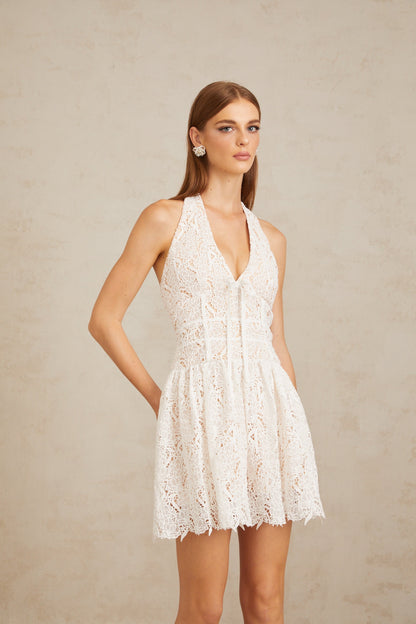 Quincia White Halterneck Corded Lace Mini Dress