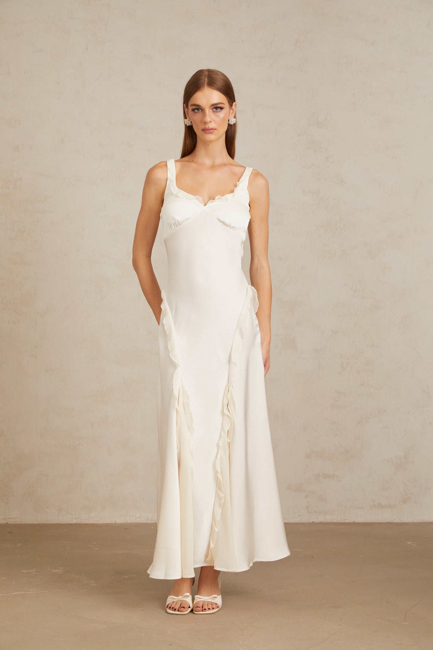 Eeva White Ruffled Trim Maxi Dress