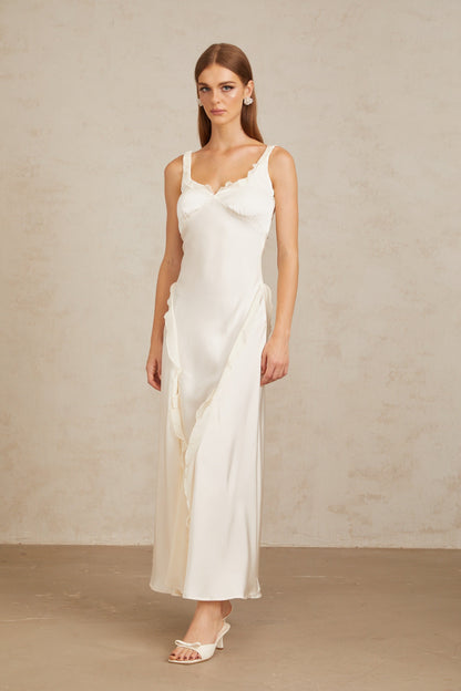 Eeva White Ruffled Trim Maxi Dress