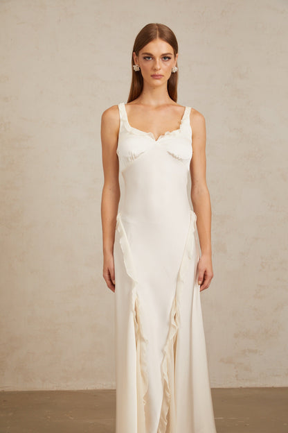 Eeva White Ruffled Trim Maxi Dress