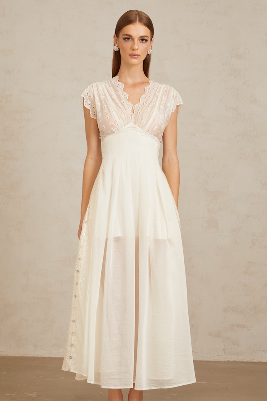 Lumière White Embroidered Shirred Maxi Dress